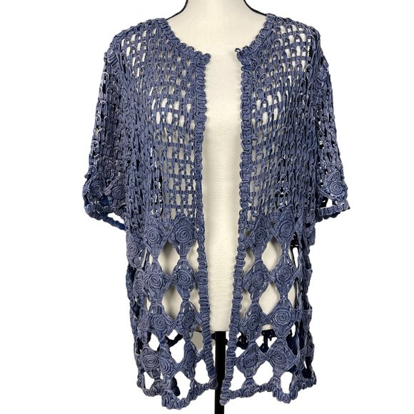 Chico's Sweaters - Chico's Soutache Cardigan Women's 2 US L Sadie Blue Open Weave Half Sleeve